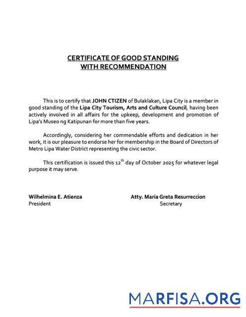 Printable Philippines certificate of good standing Word and PDF template, version 9